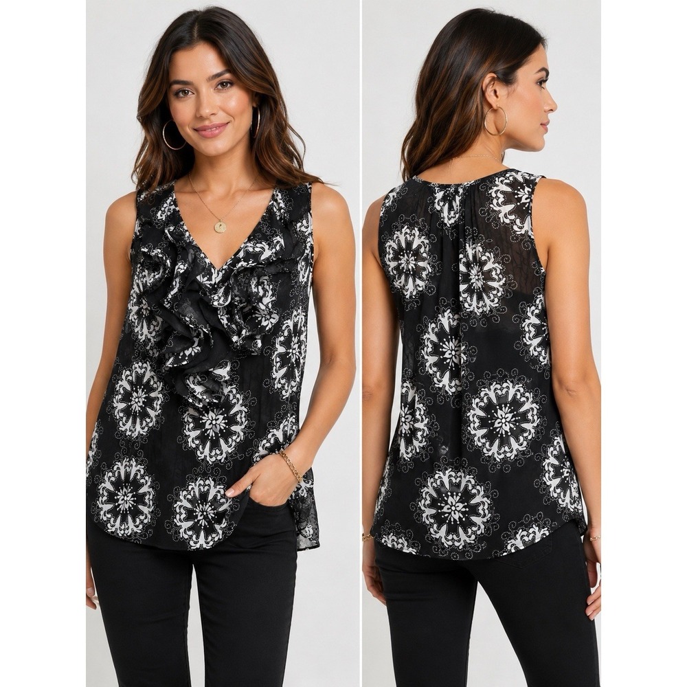 Sunny Leigh Ruffle Front Sheer‎ Blouse Black White Paisley Boho Top Medium